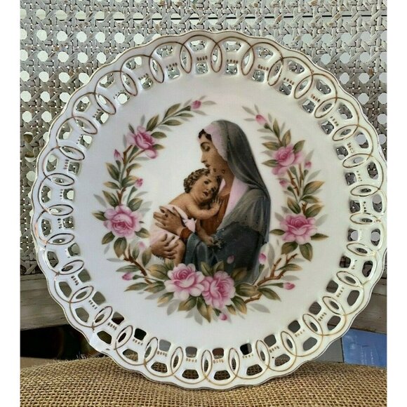 Lefton Japan 7 3/4" Mary & Baby Jesus Reticulated Latticed Decorative Plate READ - Picture 2 of 7